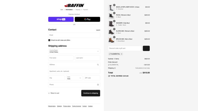 Baffin checkout page showing Baffin discount code box | Screenshot taken by SimplyCodes community member on Aug 23, 2025