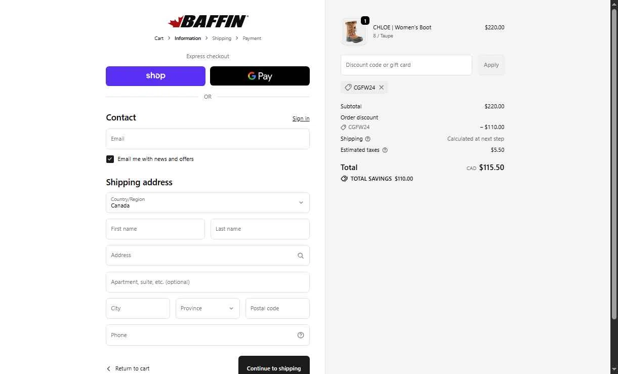 Baffin checkout page showing Baffin discount code box | Screenshot taken by SimplyCodes community member on Dec 15, 2025