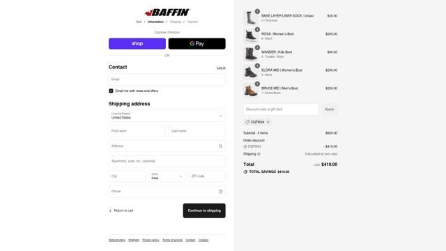 Baffin checkout page showing Baffin discount code box | Screenshot taken by SimplyCodes community member on Sep 4, 2025