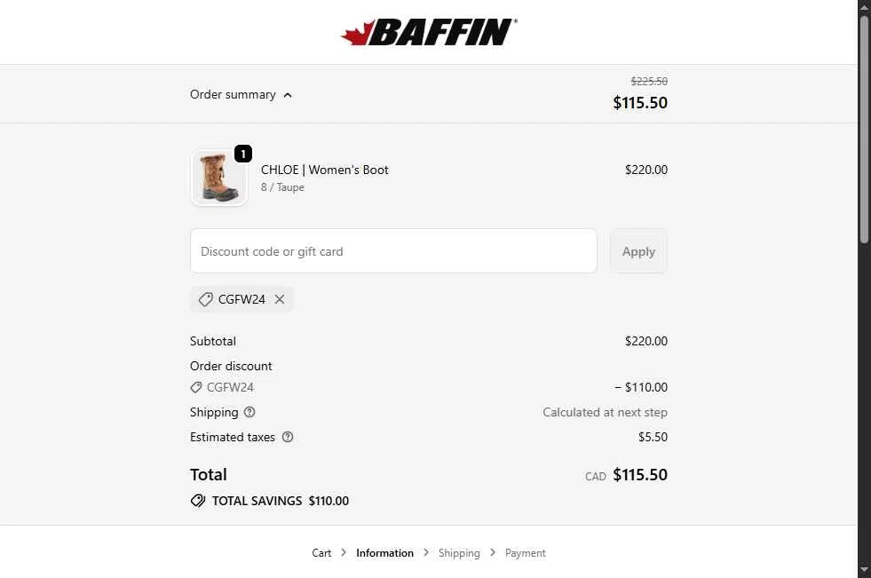 Baffin checkout page showing Baffin discount code box | Screenshot taken by SimplyCodes community member on Dec 25, 2025