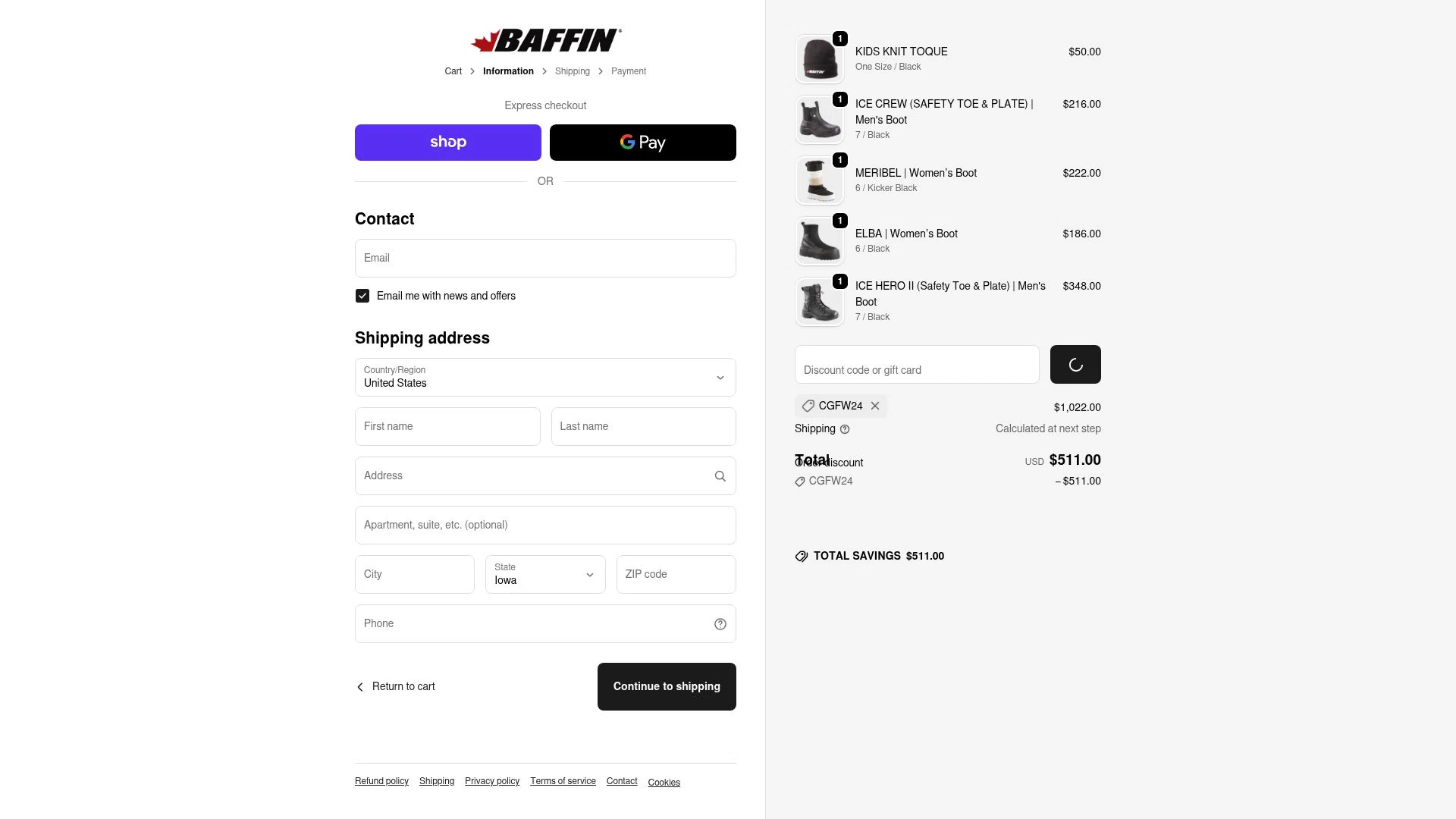 Baffin checkout page showing Baffin discount code box | Screenshot taken by SimplyCodes community member on Feb 19, 2026
