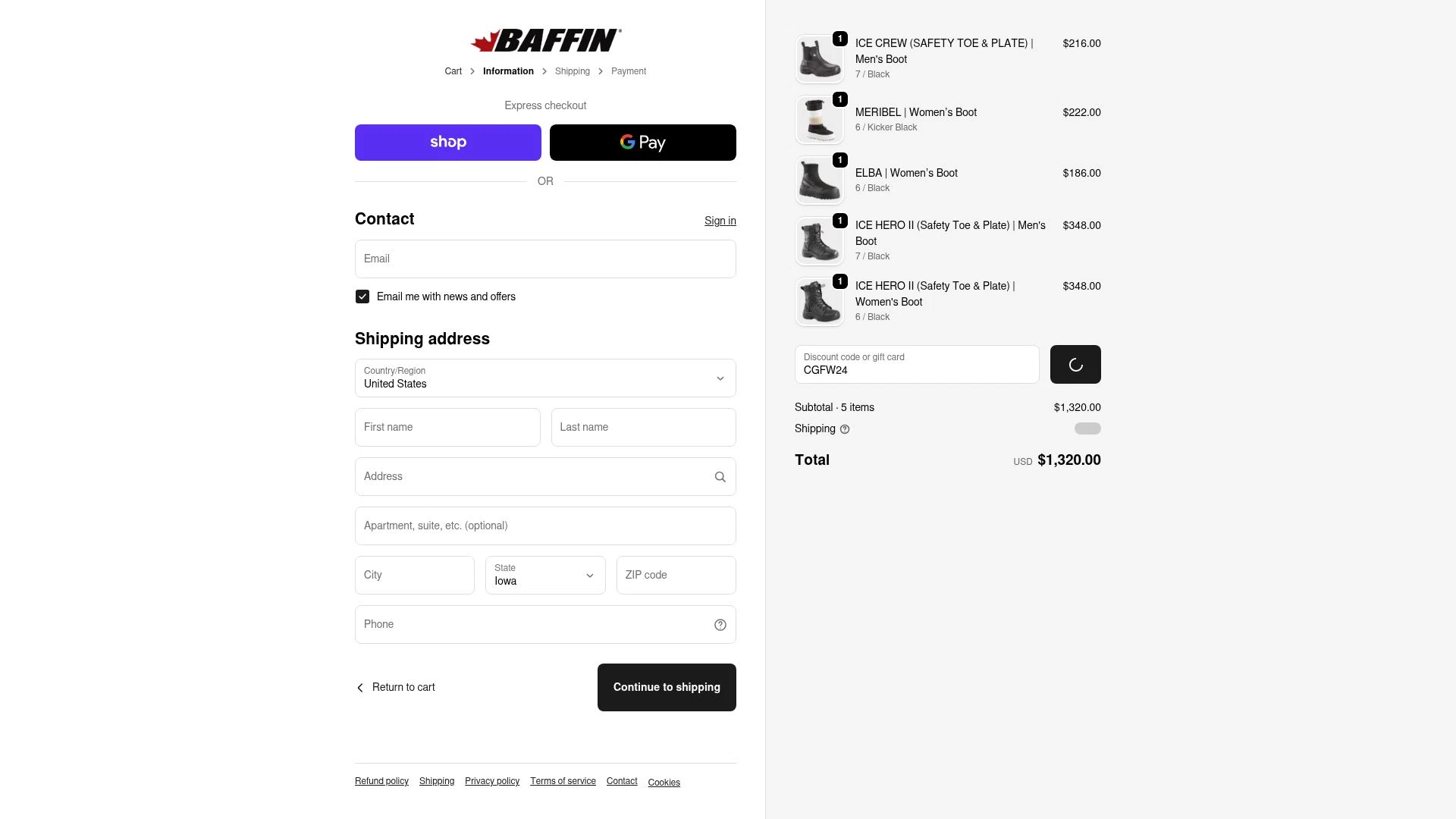Baffin checkout page showing Baffin discount code box | Screenshot taken by SimplyCodes community member on Dec 23, 2025