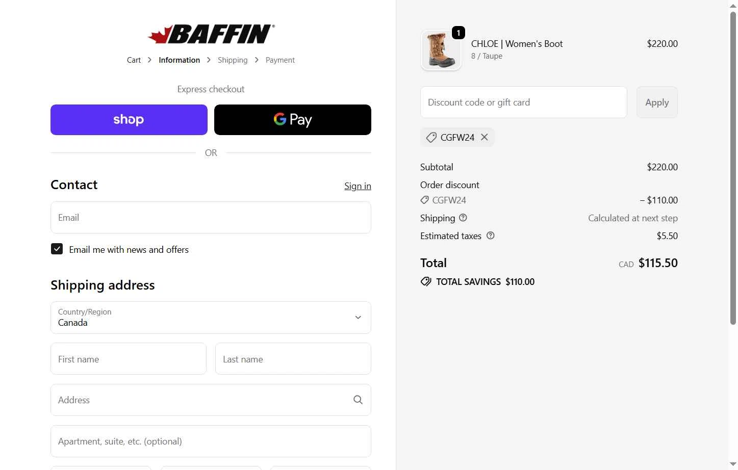 Baffin checkout page showing Baffin discount code box | Screenshot taken by SimplyCodes community member on Dec 12, 2025