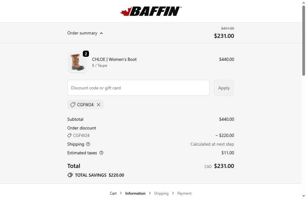 Baffin checkout page showing Baffin discount code box | Screenshot taken by SimplyCodes community member on Dec 17, 2025