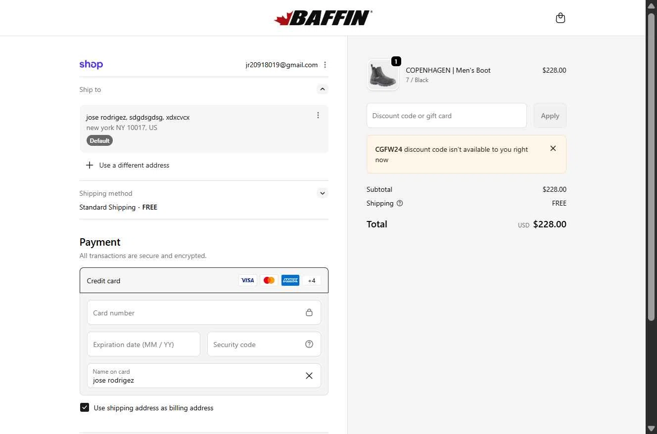 Baffin checkout page showing Baffin discount code box | Screenshot taken by SimplyCodes community member on Feb 2, 2026