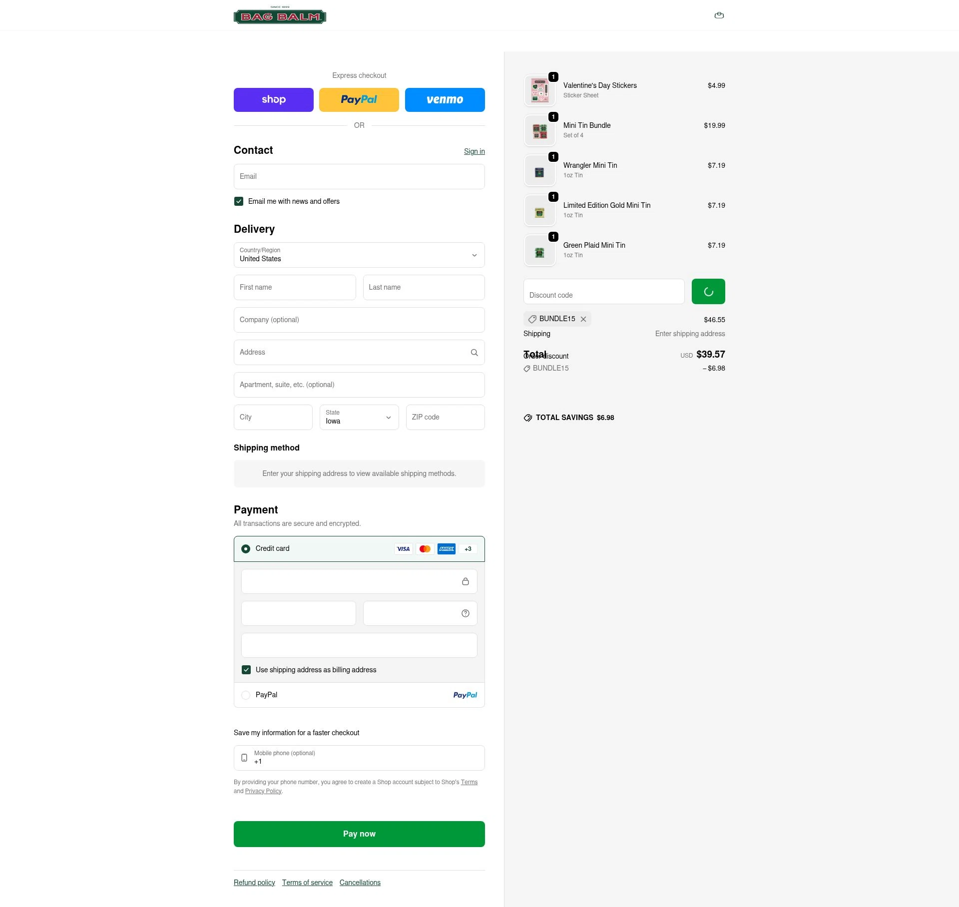 Bag Balm checkout page showing Bag Balm discount code box | Screenshot taken by SimplyCodes community member on Feb 13, 2026