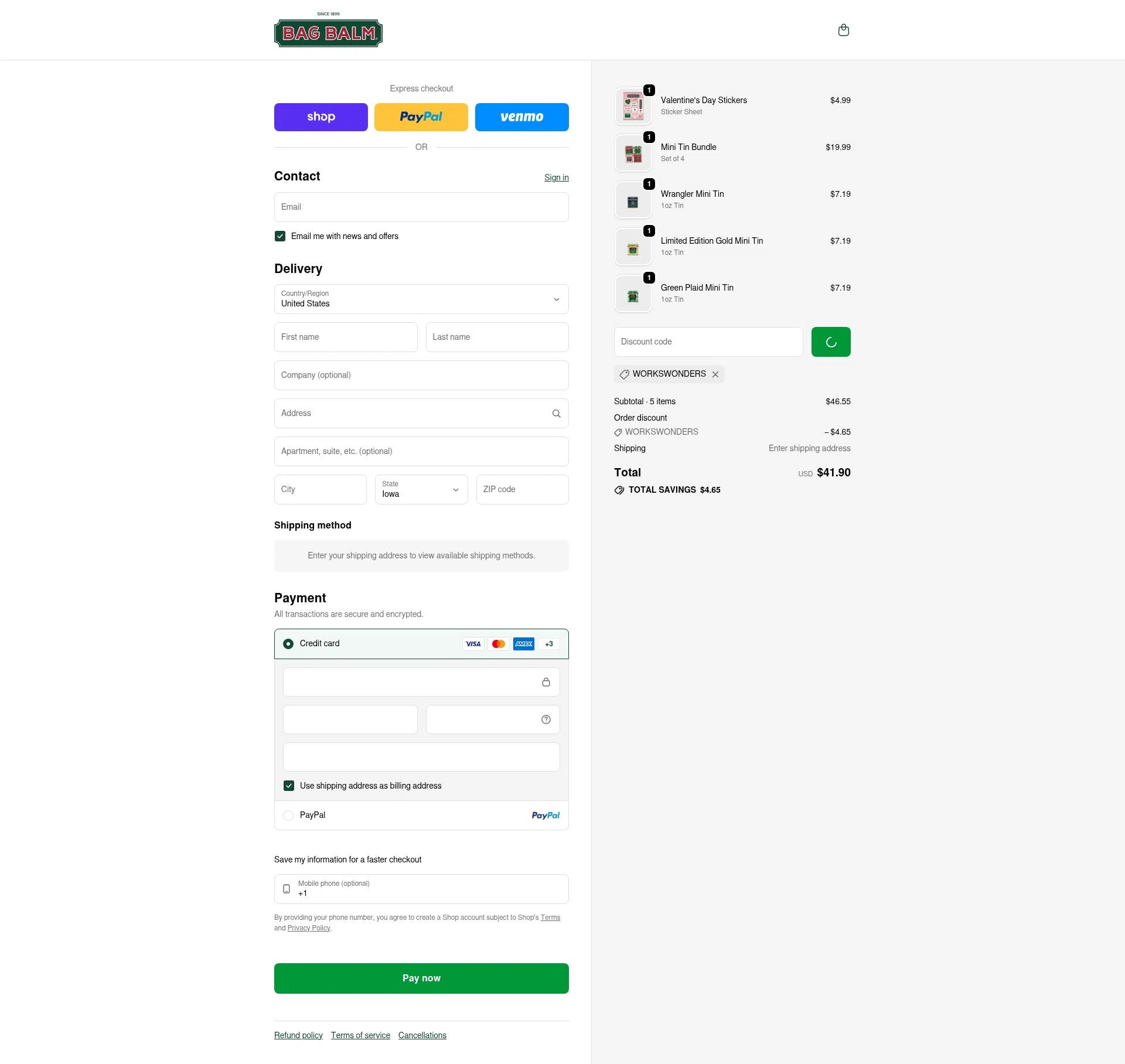 Bag Balm checkout page showing Bag Balm discount code box | Screenshot taken by SimplyCodes community member on Feb 9, 2026