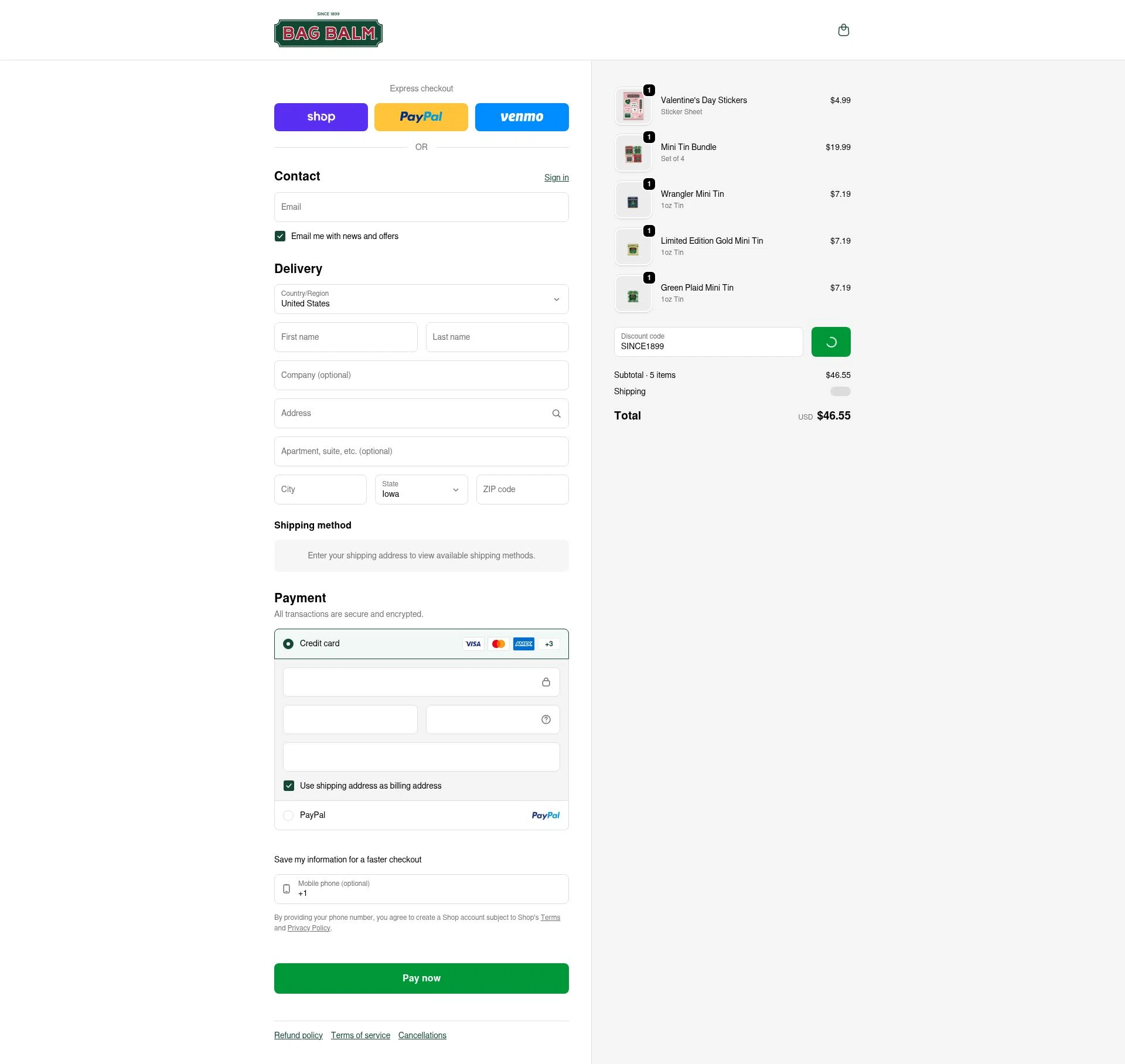 Bag Balm checkout page showing Bag Balm discount code box | Screenshot taken by SimplyCodes community member on Feb 13, 2026