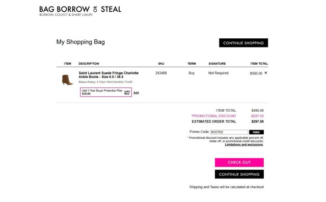 Bag Borrow or Steal checkout page showing Bag Borrow or Steal promo code box | Screenshot taken by SimplyCodes community member on Aug 24, 2025