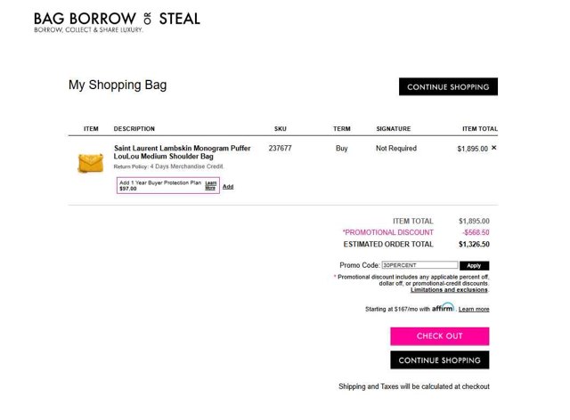 Bag Borrow or Steal checkout page showing Bag Borrow or Steal promo code box | Screenshot taken by SimplyCodes community member on Jul 15, 2025