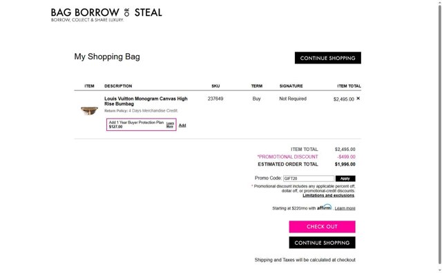 Bag Borrow or Steal checkout page showing Bag Borrow or Steal promo code box | Screenshot taken by SimplyCodes community member on Jul 10, 2025