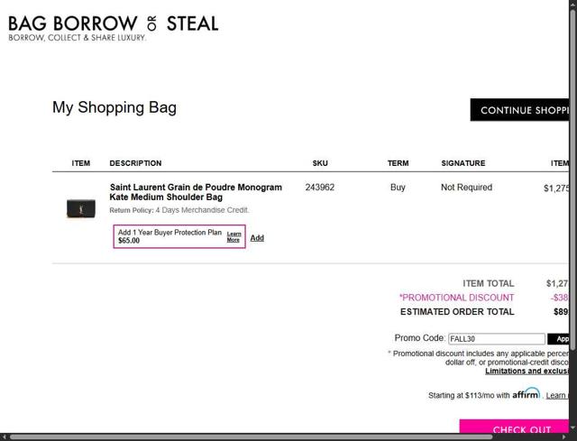 Bag Borrow or Steal checkout page showing Bag Borrow or Steal promo code box | Screenshot taken by SimplyCodes community member on Sep 9, 2025