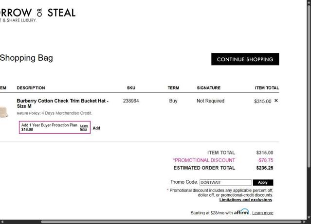Bag Borrow or Steal checkout page showing Bag Borrow or Steal promo code box | Screenshot taken by SimplyCodes community member on Aug 11, 2025