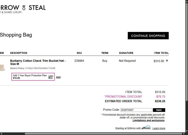 Bag Borrow or Steal checkout page showing Bag Borrow or Steal promo code box | Screenshot taken by SimplyCodes community member on Aug 11, 2025