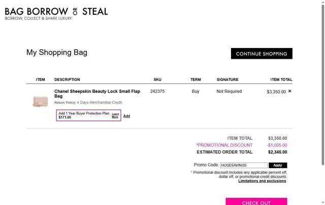 Bag Borrow or Steal checkout page showing Bag Borrow or Steal promo code box | Screenshot taken by SimplyCodes community member on Aug 7, 2025