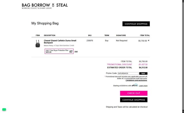Bag Borrow or Steal checkout page showing Bag Borrow or Steal promo code box | Screenshot taken by SimplyCodes community member on Jul 19, 2025