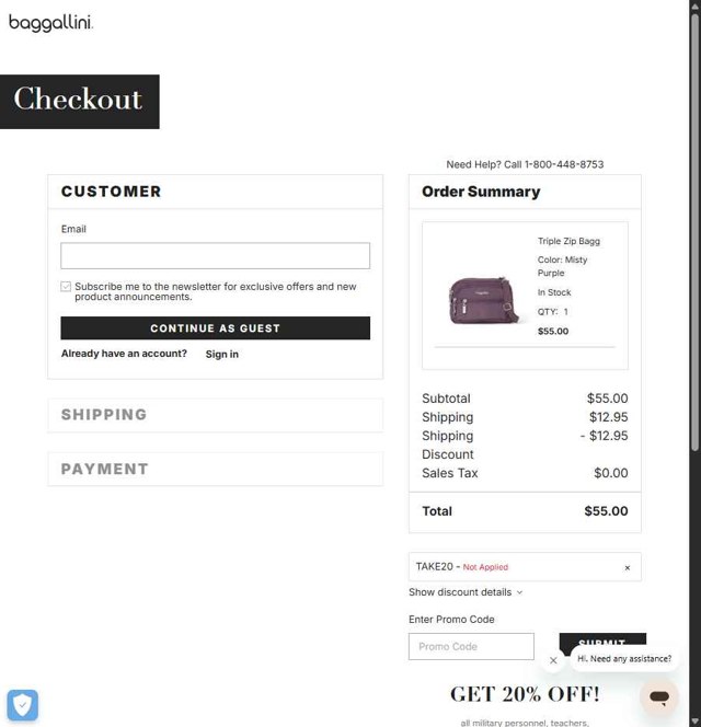 Baggallini checkout page showing Baggallini promo code box | Screenshot taken by SimplyCodes community member on Aug 17, 2025