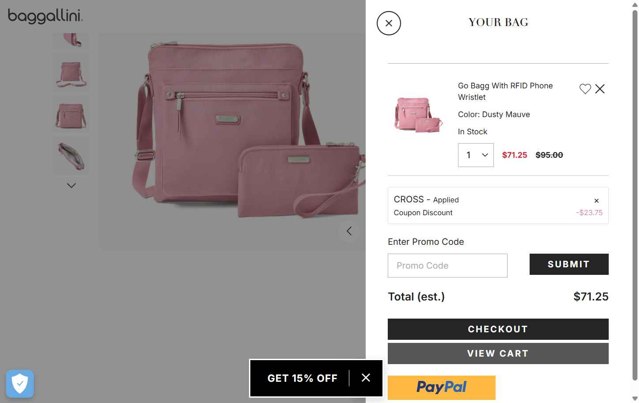 Baggallini checkout page showing Baggallini promo code box | Screenshot taken by SimplyCodes community member on Aug 10, 2025