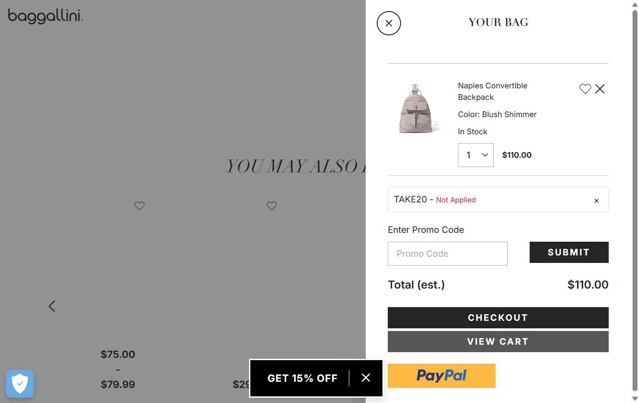 Baggallini checkout page showing Baggallini promo code box | Screenshot taken by SimplyCodes community member on Aug 6, 2025