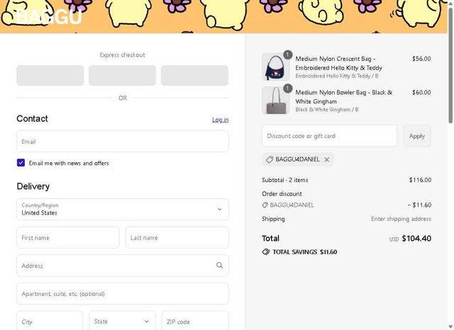 Baggu checkout page showing Baggu discount code box | Screenshot taken by SimplyCodes community member on Aug 28, 2025