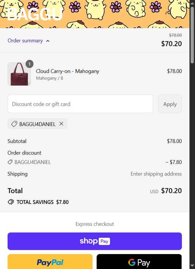 Baggu checkout page showing Baggu discount code box | Screenshot taken by SimplyCodes community member on Aug 22, 2025