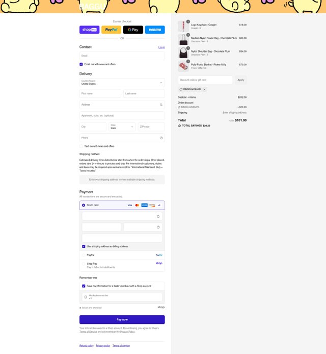 Baggu checkout page showing Baggu discount code box | Screenshot taken by SimplyCodes community member on Aug 17, 2025