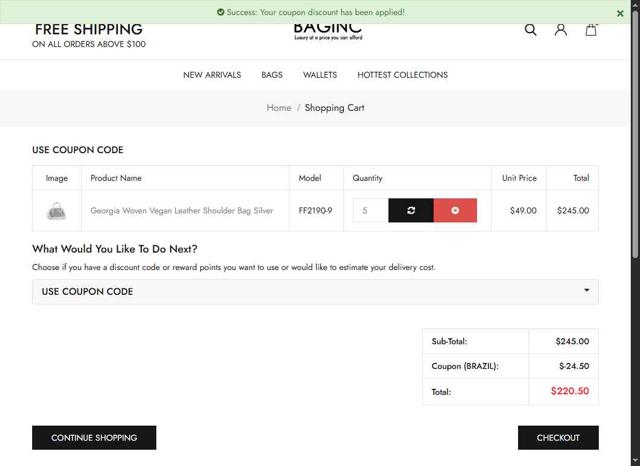 Baginc.com checkout page showing Baginc.com discount code box | Screenshot taken by SimplyCodes community member on Aug 19, 2025
