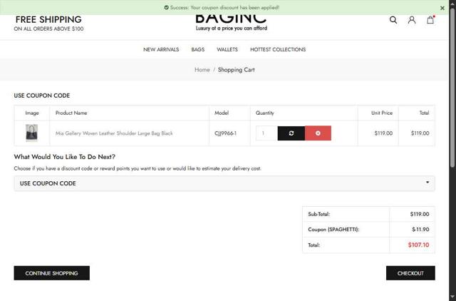Baginc.com checkout page showing Baginc.com discount code box | Screenshot taken by SimplyCodes community member on Aug 4, 2025