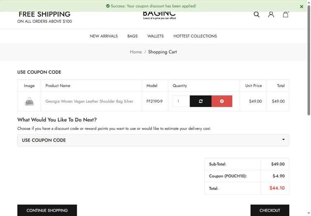 Baginc.com checkout page showing Baginc.com discount code box | Screenshot taken by SimplyCodes community member on Aug 28, 2025