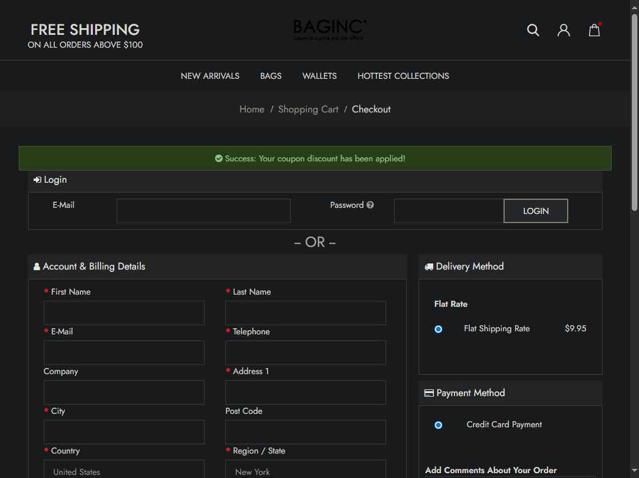 Baginc.com checkout page showing Baginc.com discount code box | Screenshot taken by SimplyCodes community member on Aug 16, 2025