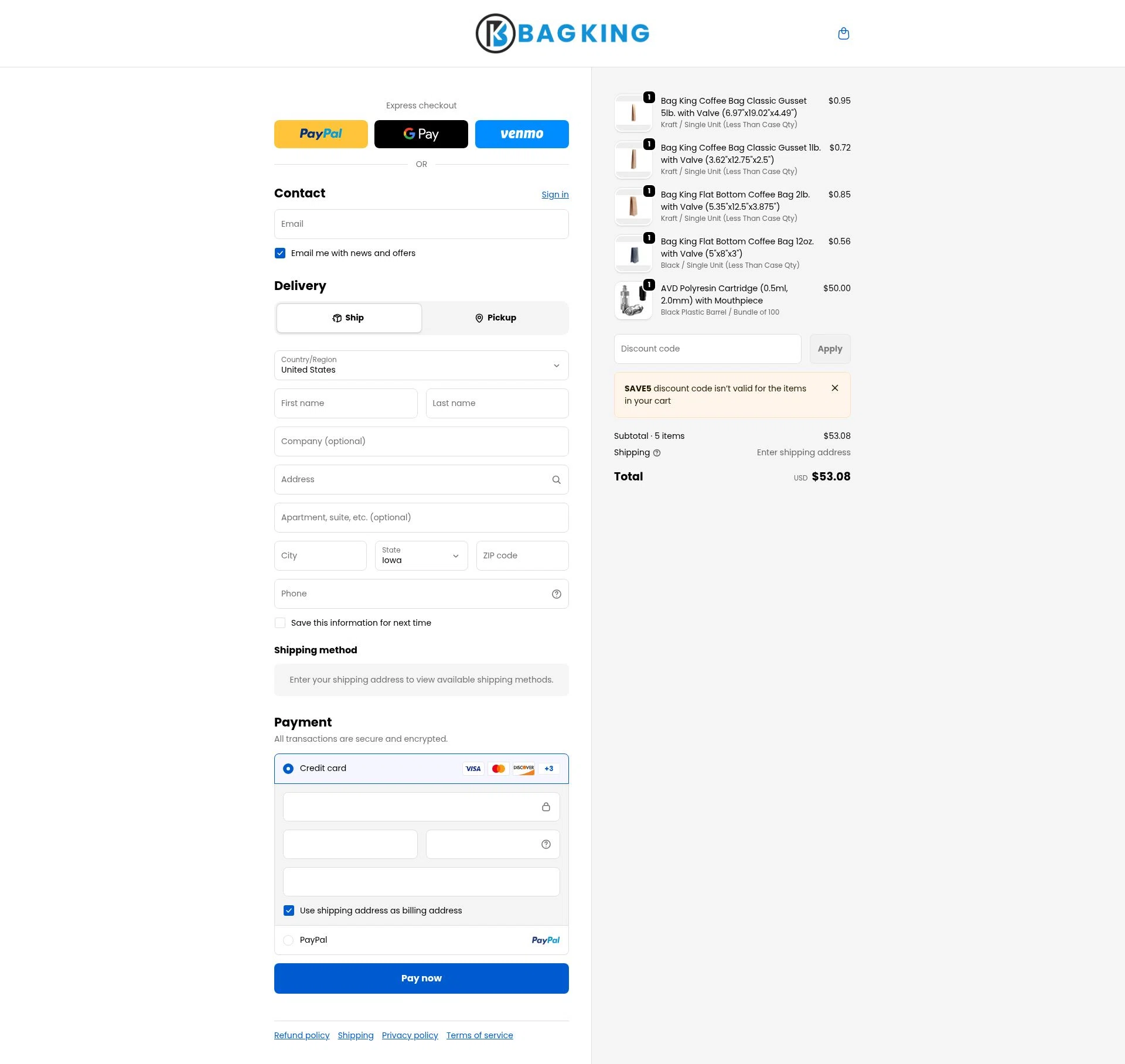 BagKing checkout page showing BagKing discount code box | Screenshot taken by SimplyCodes community member on Jan 21, 2026