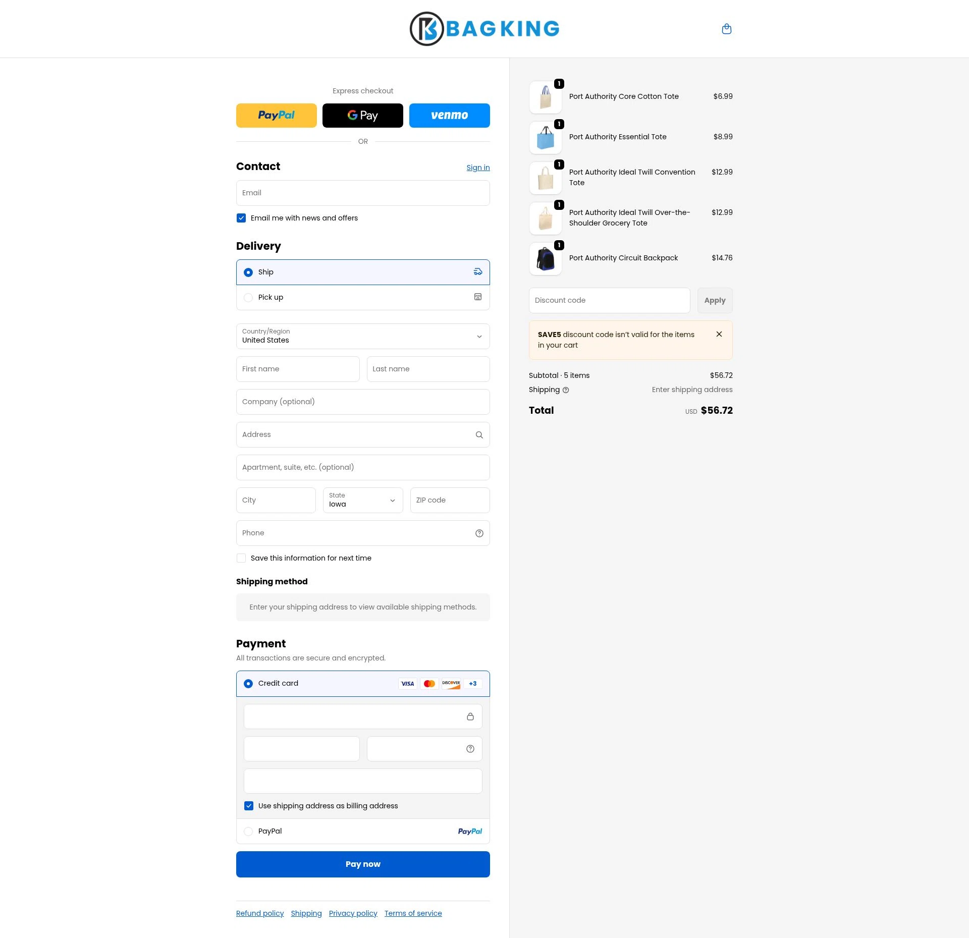 BagKing checkout page showing BagKing discount code box | Screenshot taken by SimplyCodes community member on Dec 22, 2025