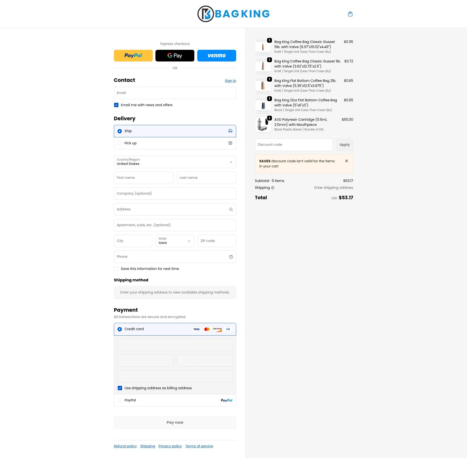 BagKing checkout page showing BagKing discount code box | Screenshot taken by SimplyCodes community member on Jan 30, 2026