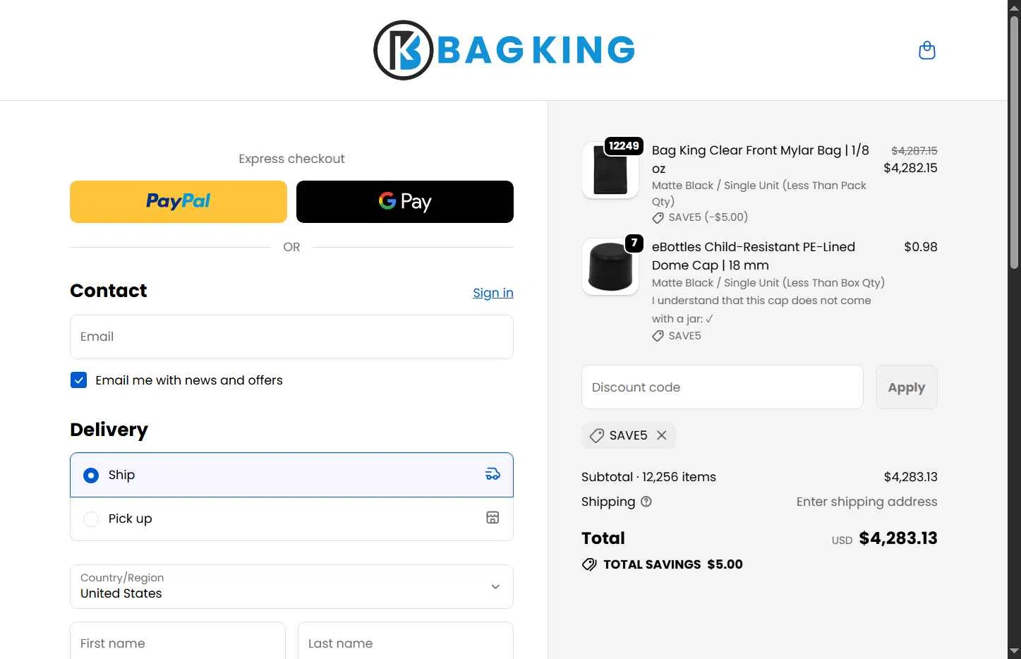 BagKing checkout page showing BagKing discount code box | Screenshot taken by SimplyCodes community member on Jan 21, 2026