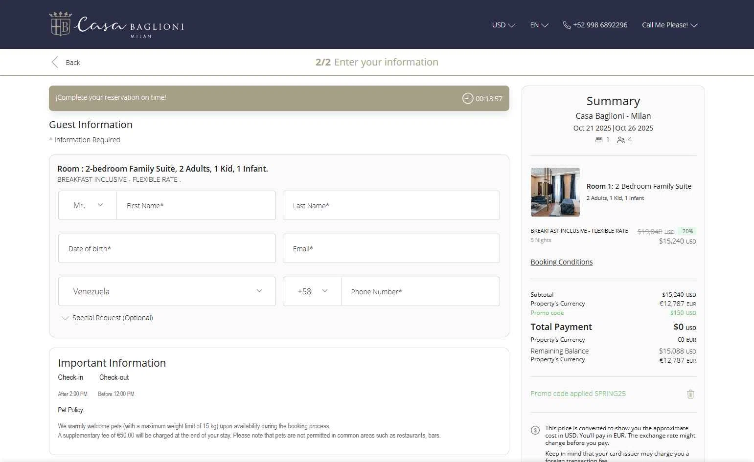 Baglioni Hotels checkout page showing Baglioni Hotels promo code box | Screenshot taken by SimplyCodes community member on Oct 2, 2025