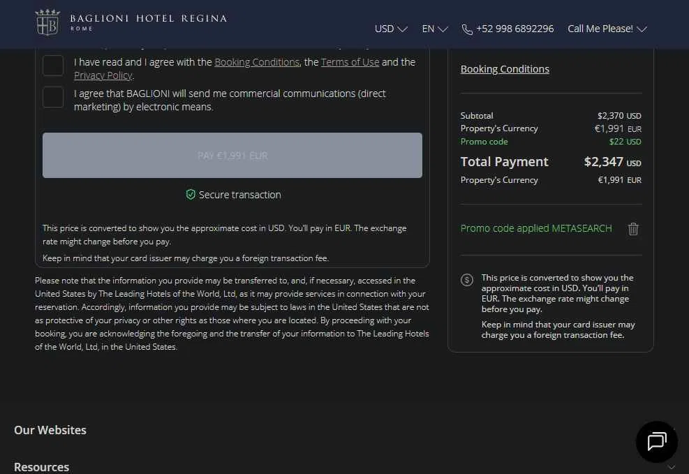 Baglioni Hotels checkout page showing Baglioni Hotels promo code box | Screenshot taken by SimplyCodes community member on Jan 6, 2026