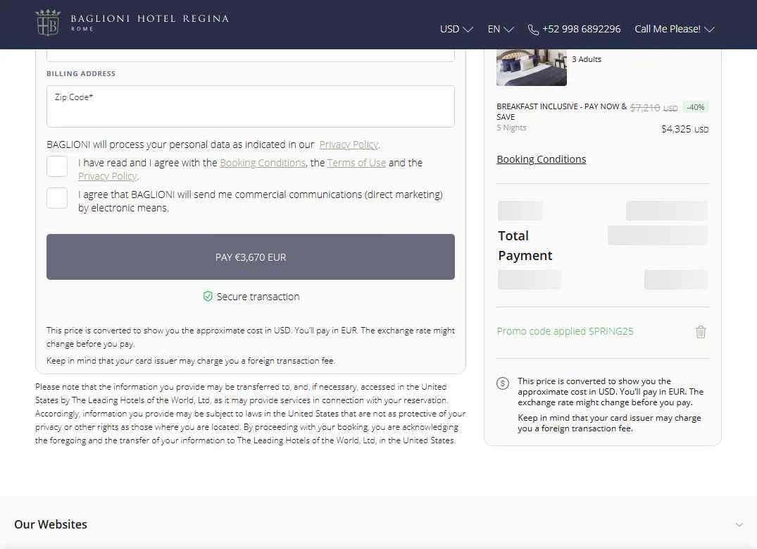Baglioni Hotels checkout page showing Baglioni Hotels promo code box | Screenshot taken by SimplyCodes community member on Dec 29, 2025