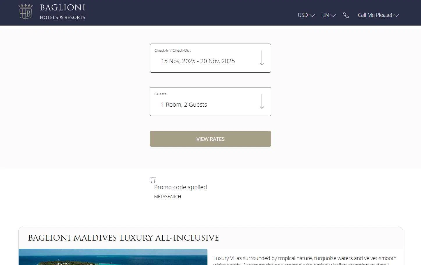 Baglioni Hotels checkout page showing Baglioni Hotels promo code box | Screenshot taken by SimplyCodes community member on Oct 11, 2025