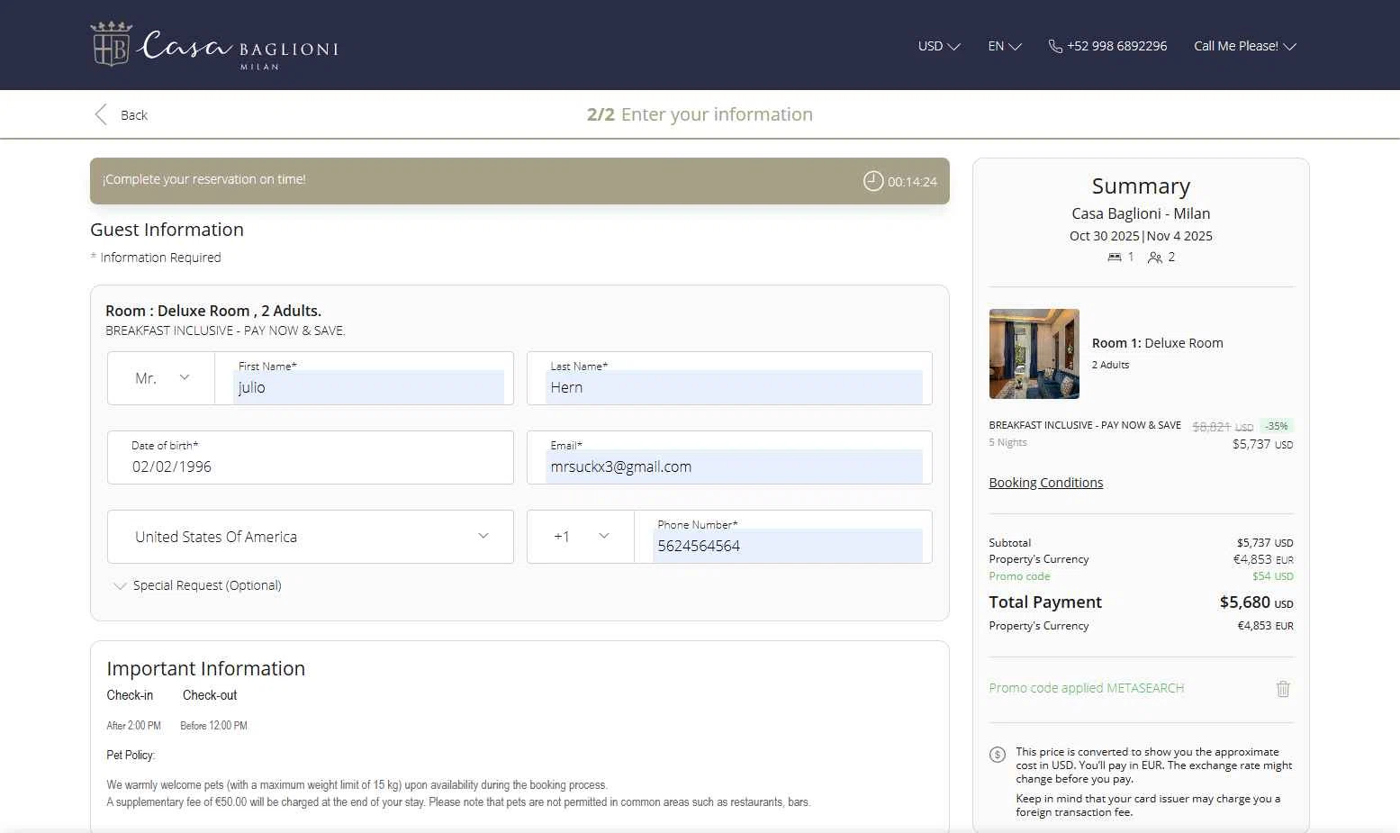 Baglioni Hotels checkout page showing Baglioni Hotels promo code box | Screenshot taken by SimplyCodes community member on Oct 11, 2025