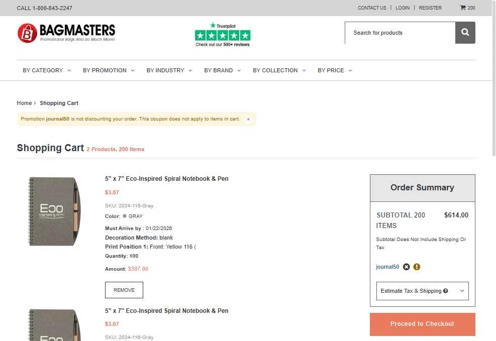 Bagmasters checkout page showing Bagmasters promo code box | Screenshot taken by SimplyCodes community member on Jan 2, 2026