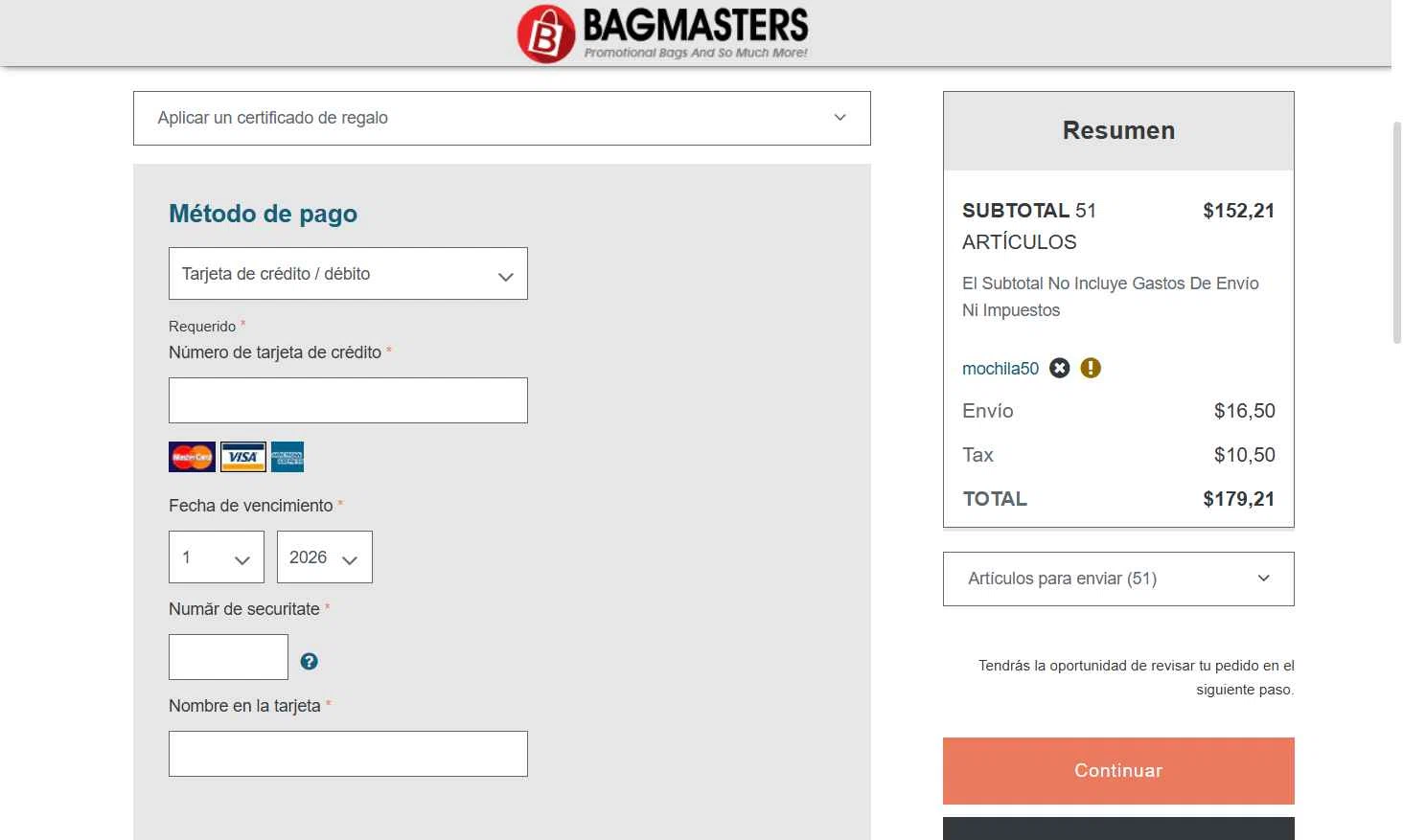 Bagmasters checkout page showing Bagmasters promo code box | Screenshot taken by SimplyCodes community member on Jan 22, 2026