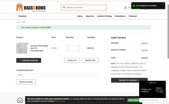 Bags & Bows checkout page showing Bags & Bows coupon code box | Screenshot taken by SimplyCodes community member on Jul 29, 2025