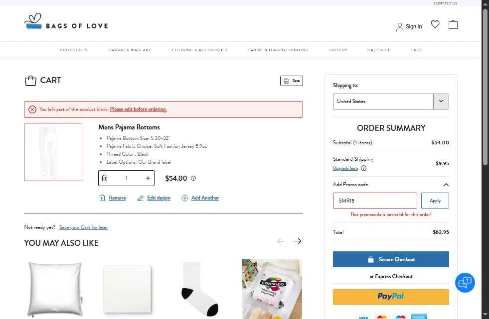 Bags of Love checkout page showing Bags of Love promo code box | Screenshot taken by SimplyCodes community member on Aug 6, 2025