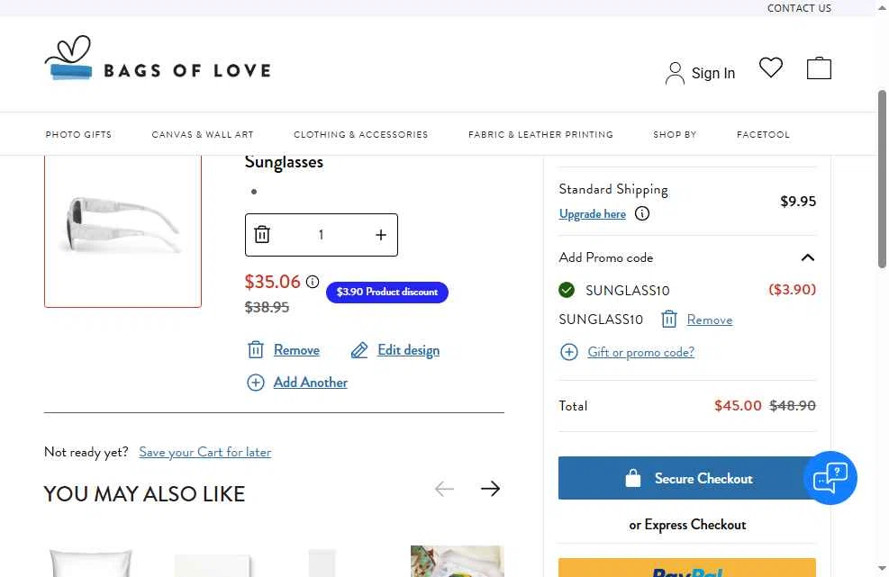 Bags of Love checkout page showing Bags of Love promo code box | Screenshot taken by SimplyCodes community member on Jun 17, 2025