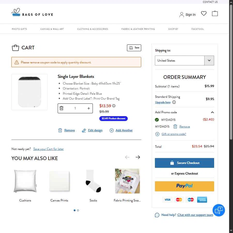 Bags of Love checkout page showing Bags of Love promo code box | Screenshot taken by SimplyCodes community member on Jun 12, 2025