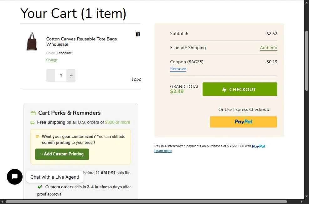 BagzDepot checkout page showing BagzDepot promo code box | Screenshot taken by SimplyCodes community member on Dec 2, 2025