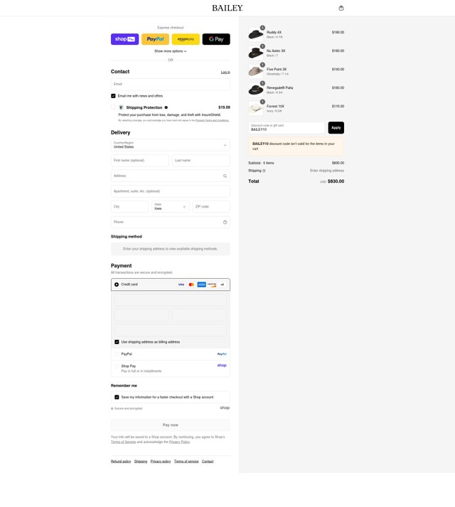 Bailey Hats checkout page showing Bailey Hats discount code box | Screenshot taken by SimplyCodes community member on Aug 27, 2025