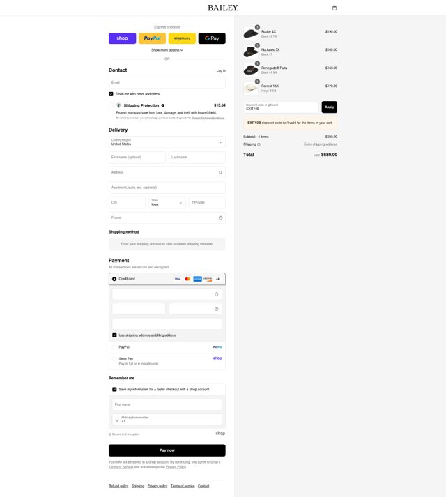 Bailey Hats checkout page showing Bailey Hats discount code box | Screenshot taken by SimplyCodes community member on Sep 4, 2025