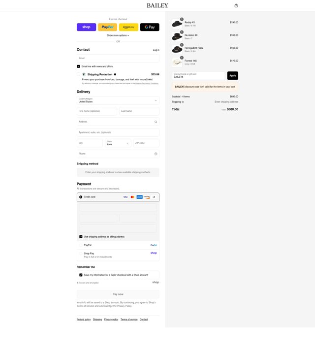 Bailey Hats checkout page showing Bailey Hats discount code box | Screenshot taken by SimplyCodes community member on Sep 4, 2025