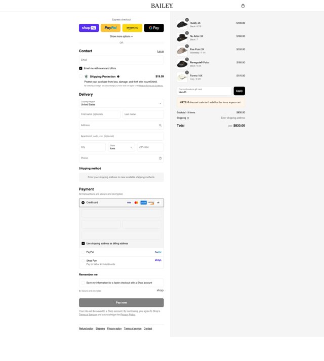 Bailey Hats checkout page showing Bailey Hats discount code box | Screenshot taken by SimplyCodes community member on Aug 27, 2025